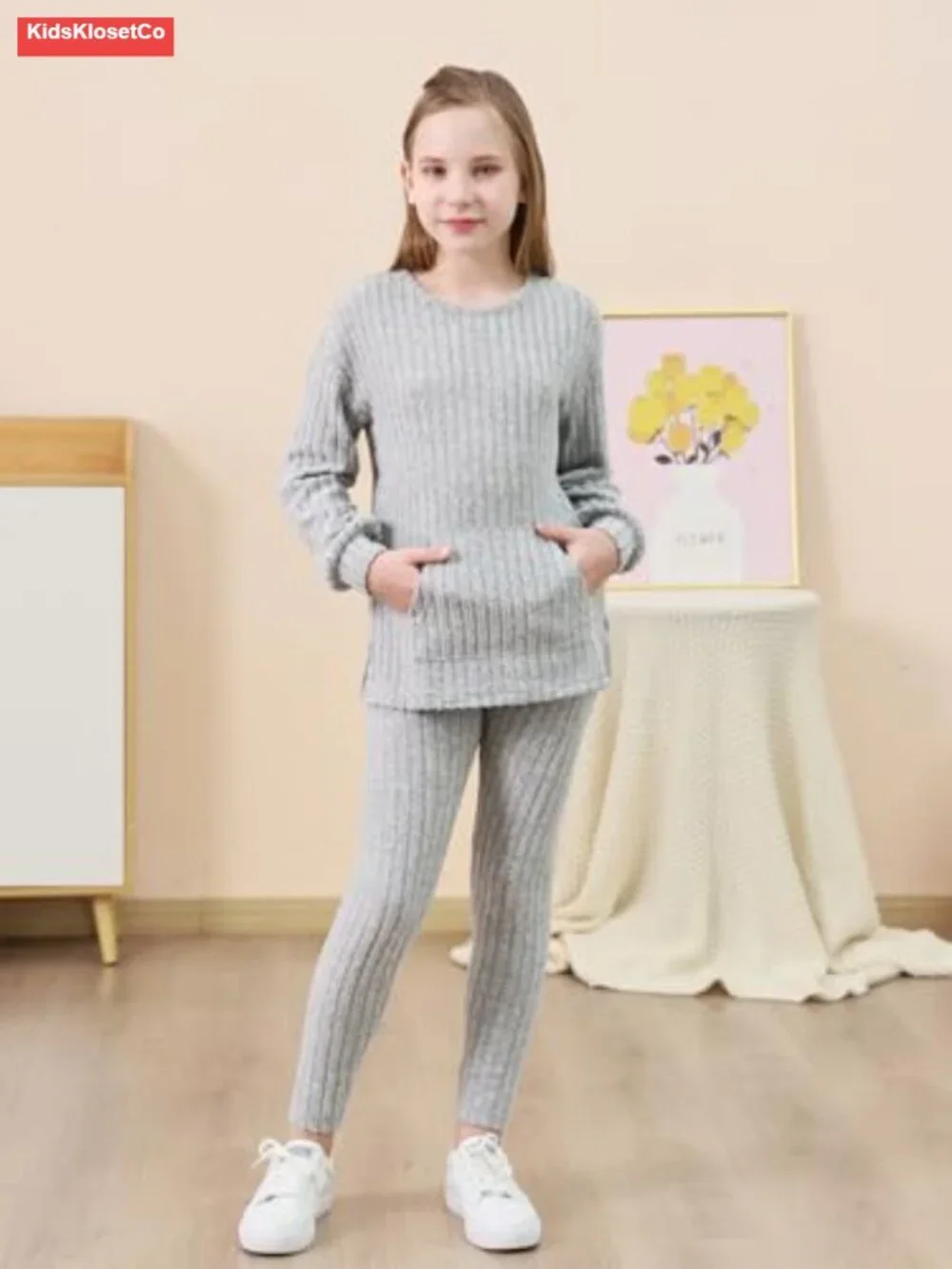 Girls 2 Piece Ribbed Knit Sweatshirt Leggings Set 6-14Y